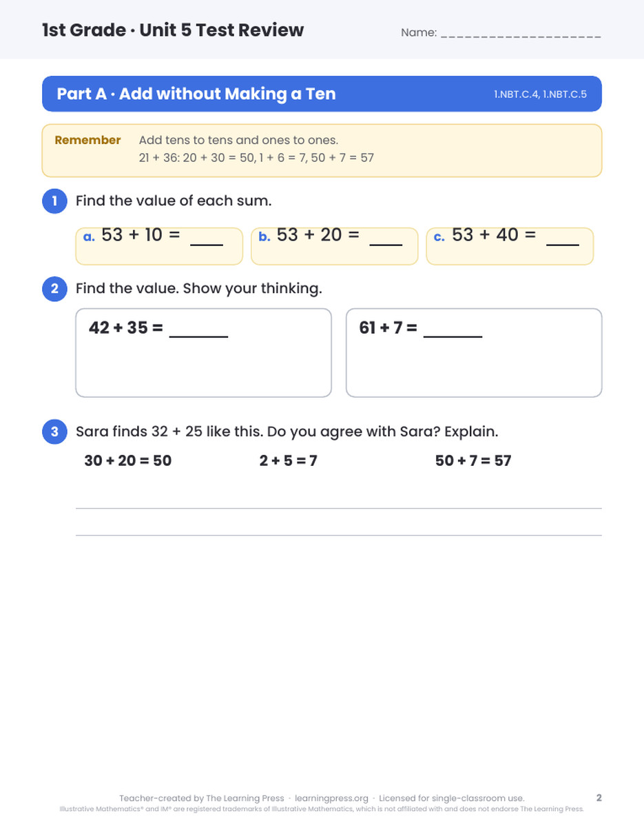 Preview page 1 of Illustrative Math (IM®) Aligned 1st Grade Unit 5 Test Review
