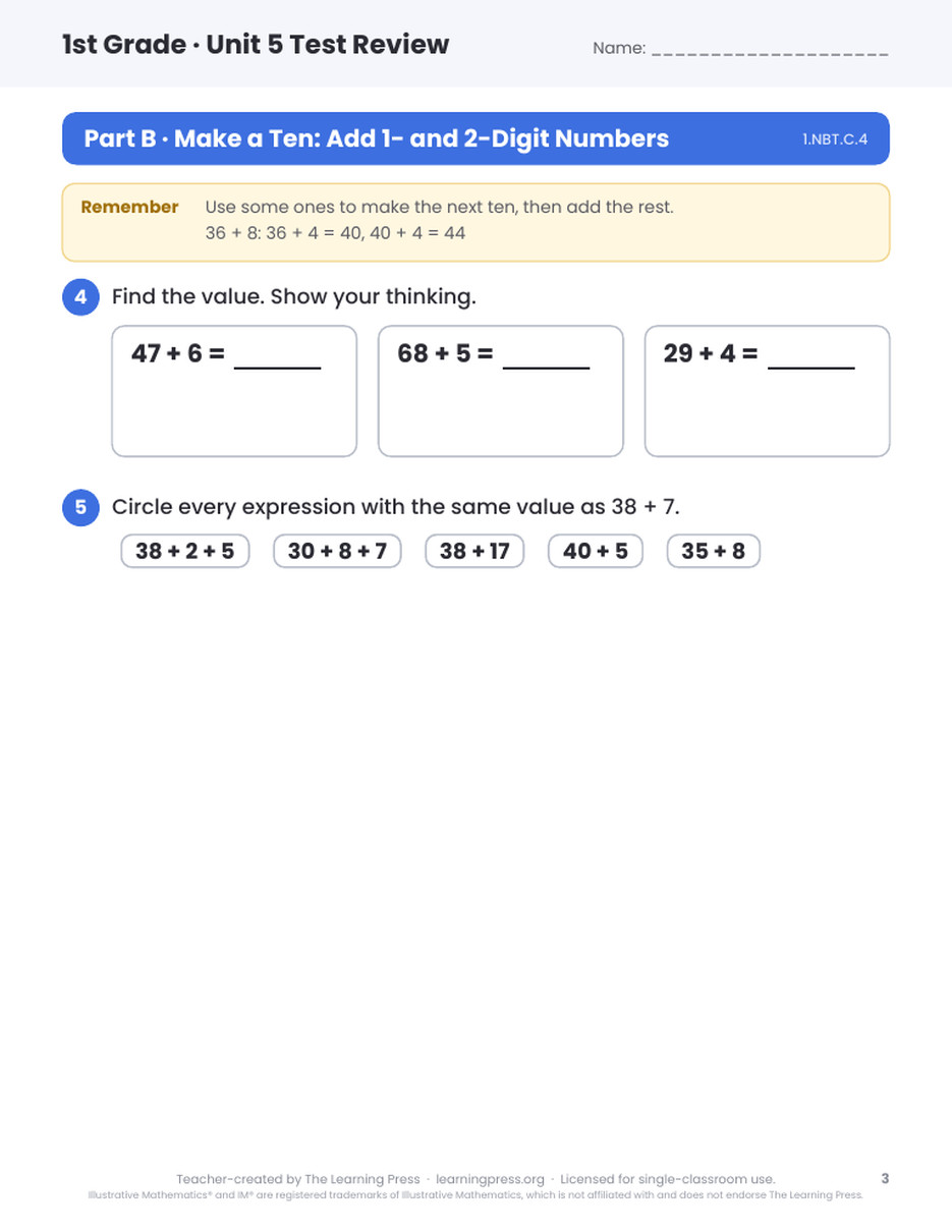 Preview page 2 of Illustrative Math (IM®) Aligned 1st Grade Unit 5 Test Review