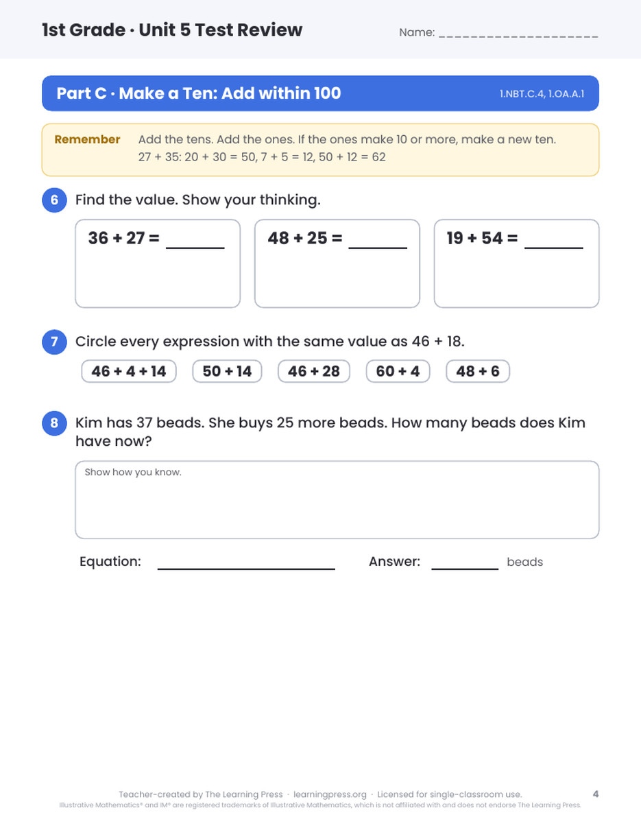 Preview page 3 of Illustrative Math (IM®) Aligned 1st Grade Unit 5 Test Review