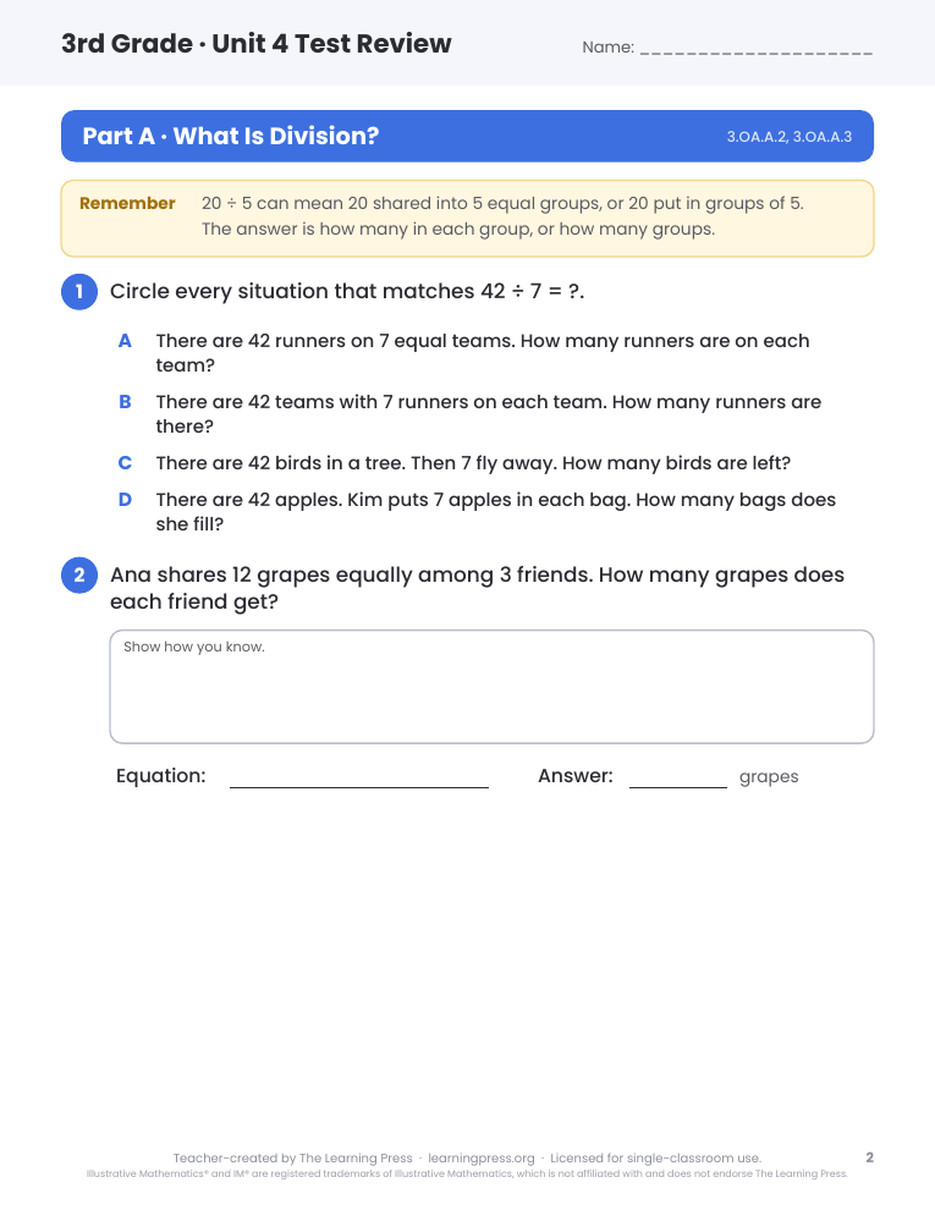 Preview page 1 of Illustrative Math (IM®) Aligned 3rd Grade Unit 4 Test Review