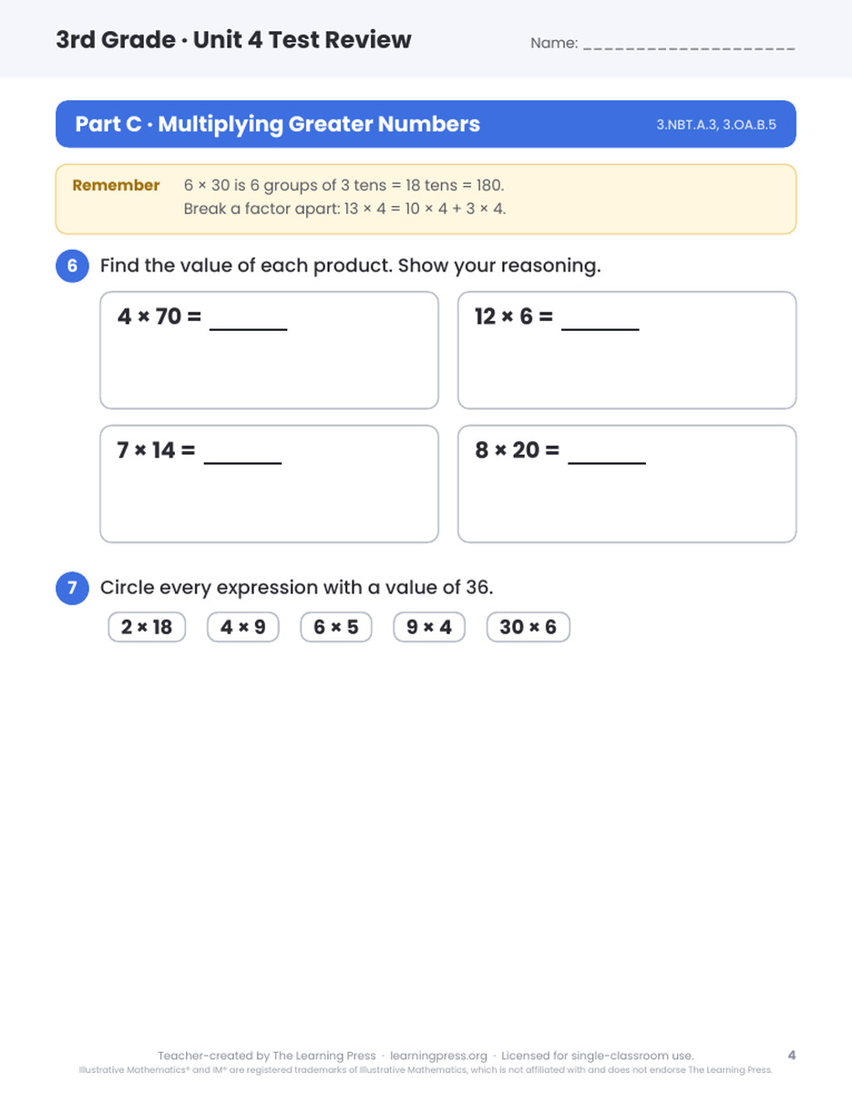 Preview page 3 of Illustrative Math (IM®) Aligned 3rd Grade Unit 4 Test Review
