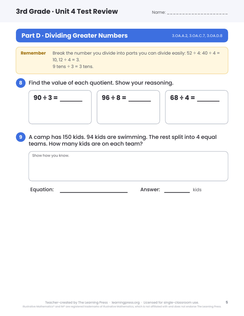 Preview page 4 of Illustrative Math (IM®) Aligned 3rd Grade Unit 4 Test Review