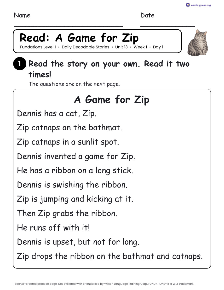 Preview page 1 of Fundations Level 1 Unit 13 Daily Decodable Stories