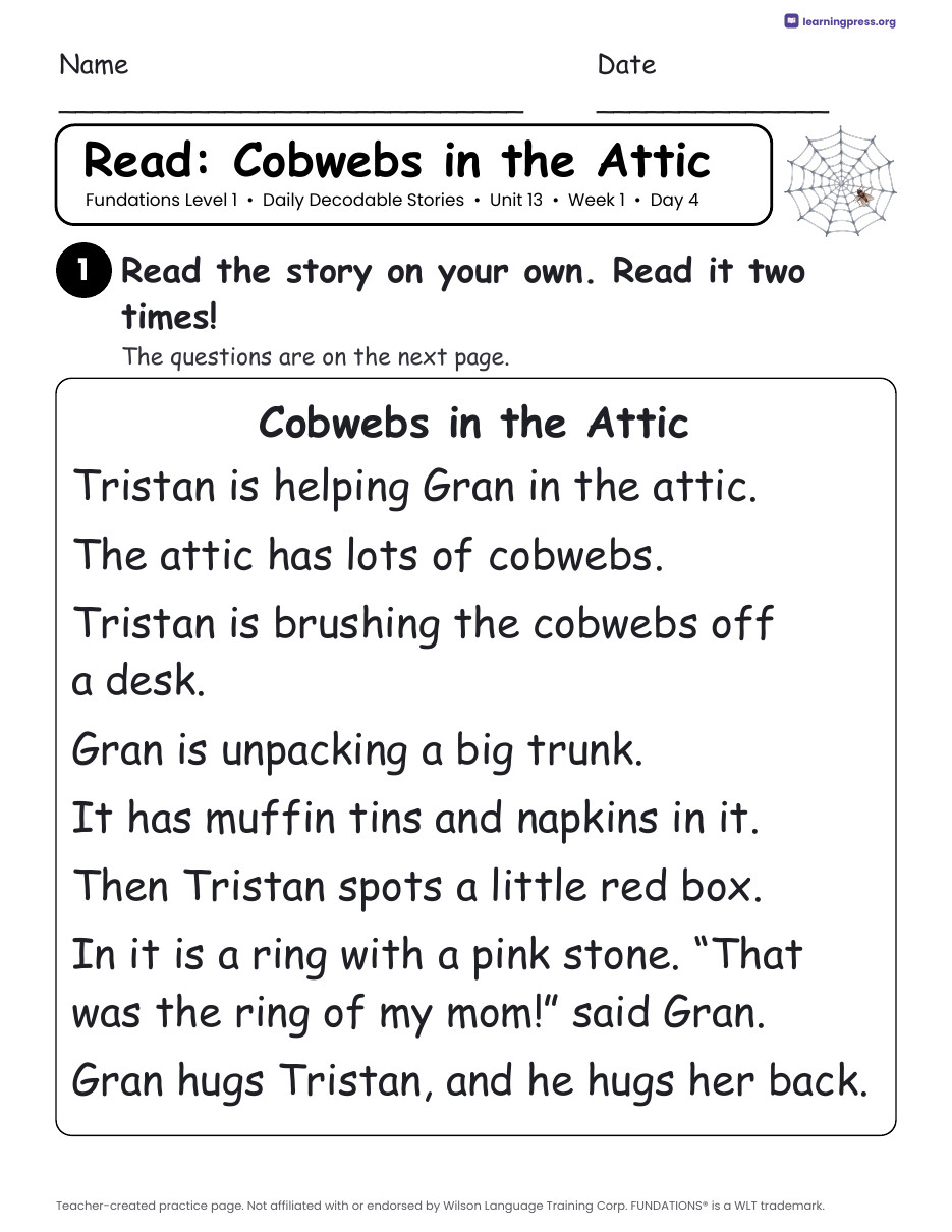 Preview page 2 of Fundations Level 1 Unit 13 Daily Decodable Stories