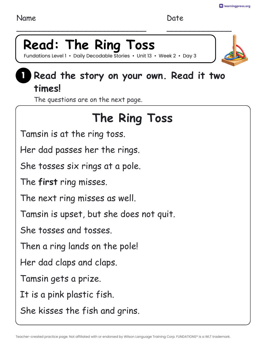 Preview page 3 of Fundations Level 1 Unit 13 Daily Decodable Stories