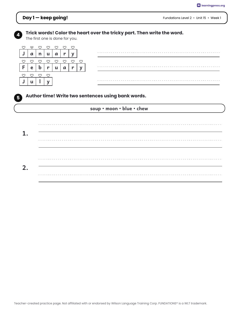 Preview page 1 of Fundations Level 2 Unit 15 Daily Lesson Work Pages