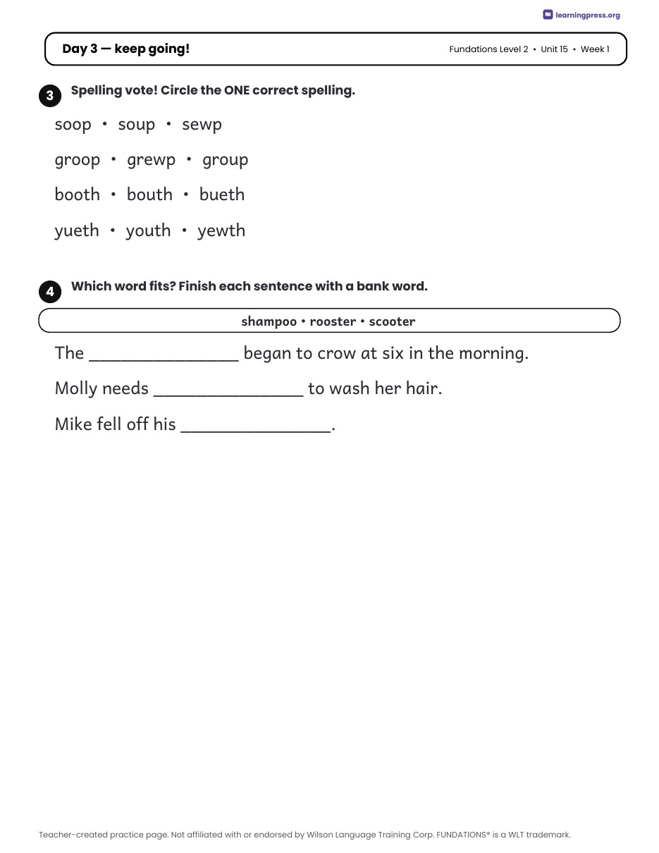 Preview page 2 of Fundations Level 2 Unit 15 Daily Lesson Work Pages