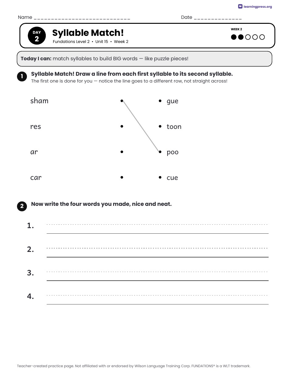 Preview page 3 of Fundations Level 2 Unit 15 Daily Lesson Work Pages