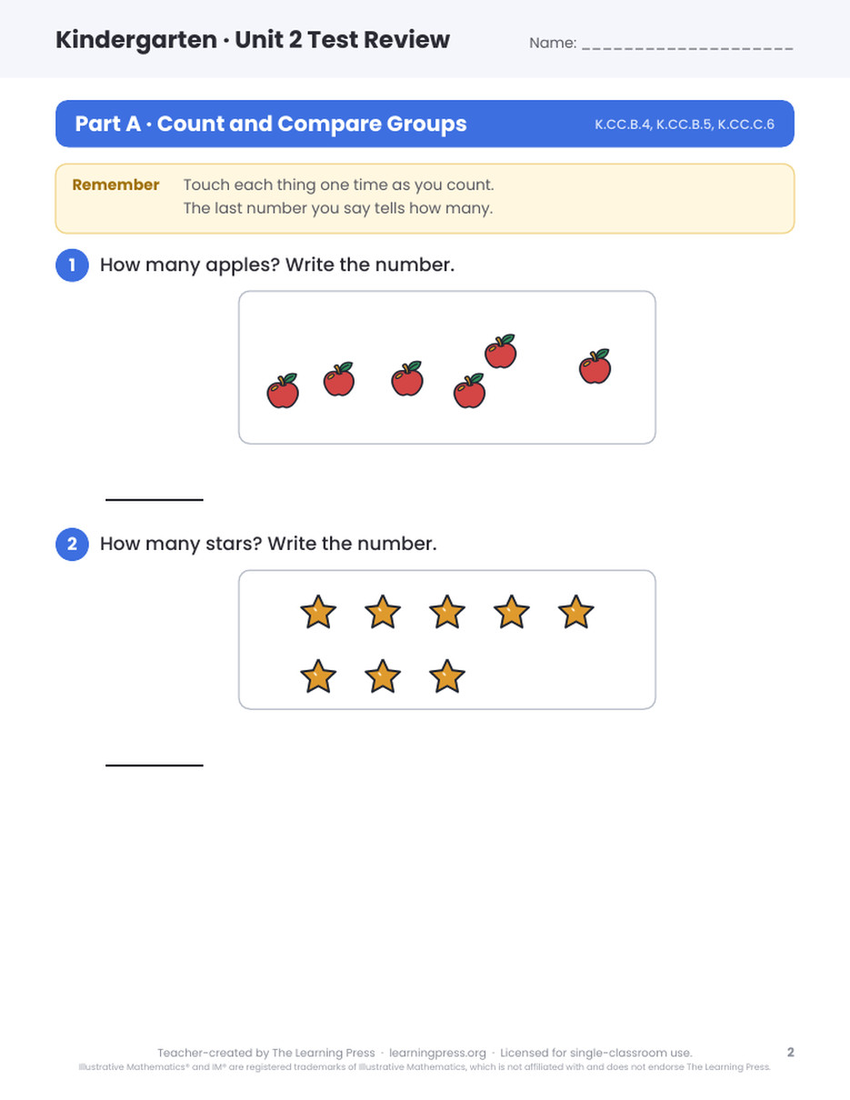 Preview page 1 of Illustrative Math (IM®) Aligned Kindergarten Unit 2 Test Review