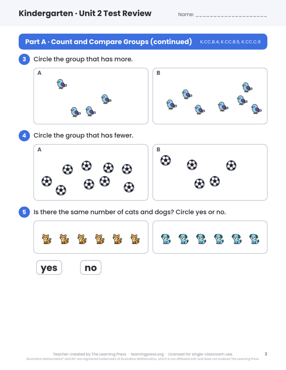 Preview page 2 of Illustrative Math (IM®) Aligned Kindergarten Unit 2 Test Review