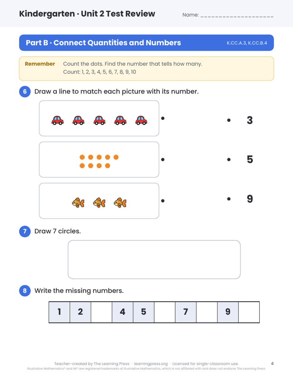 Preview page 3 of Illustrative Math (IM®) Aligned Kindergarten Unit 2 Test Review