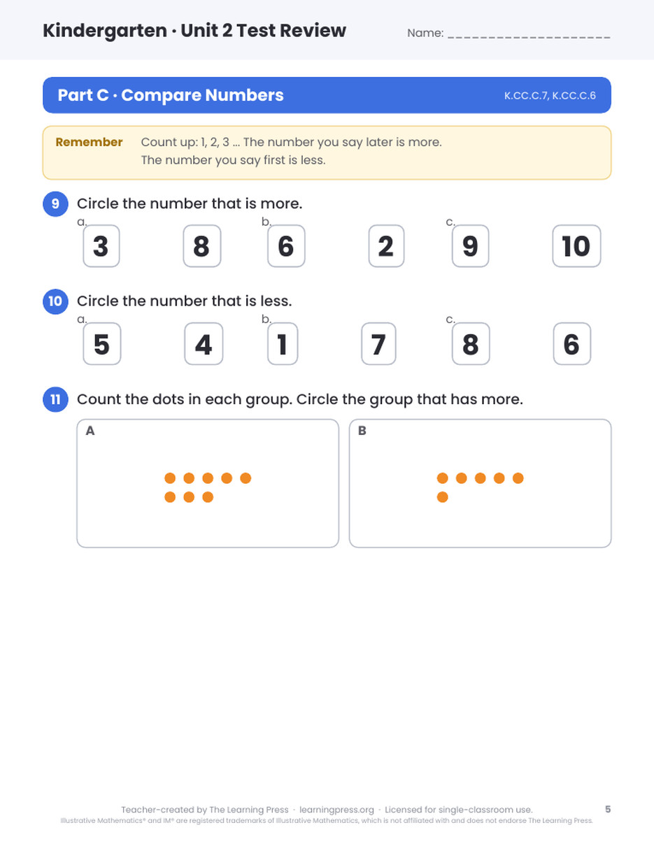 Preview page 4 of Illustrative Math (IM®) Aligned Kindergarten Unit 2 Test Review