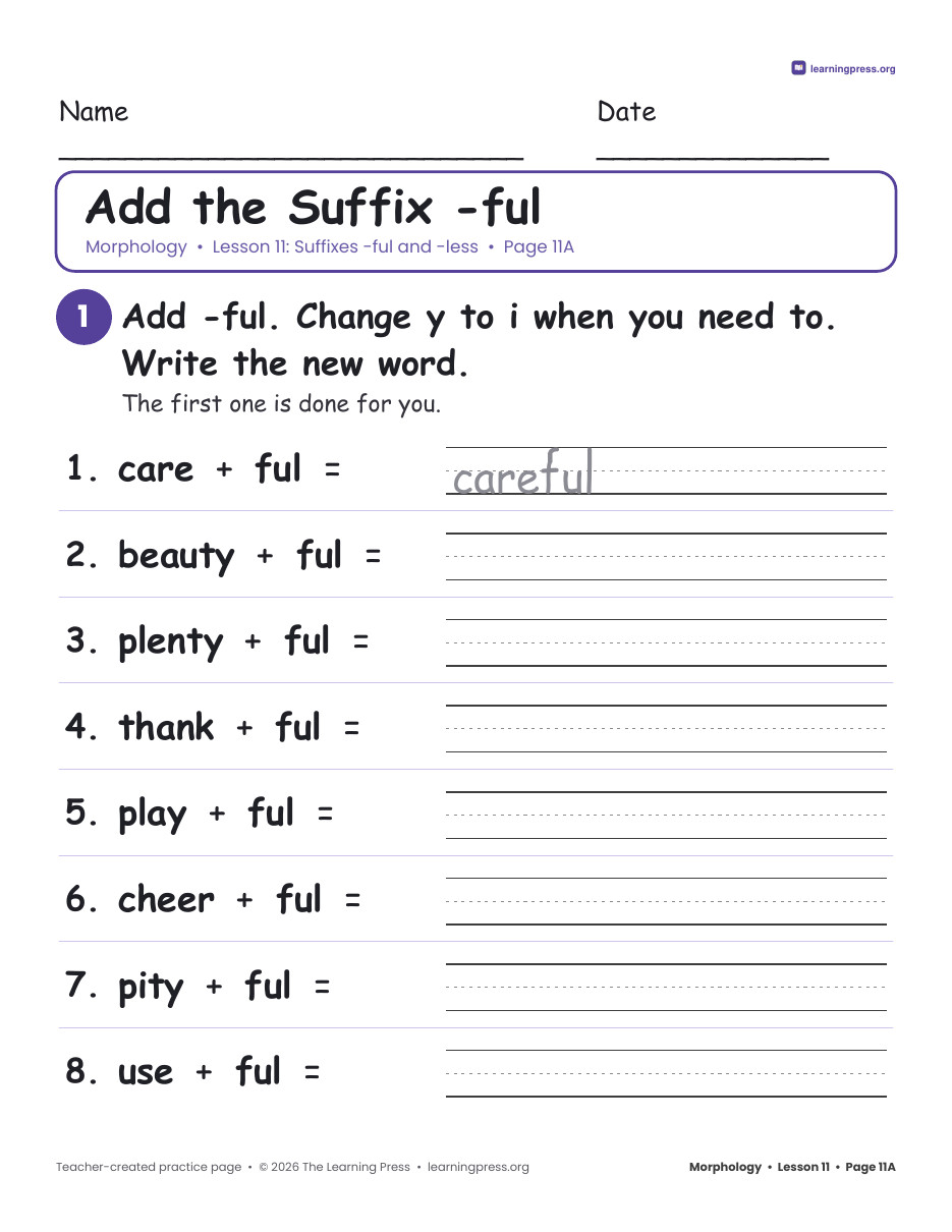 Preview page 1 of Grade 3 Morphology Unit 3: -ful, -less, -ness, -able, -er, -or · Slides + Pages