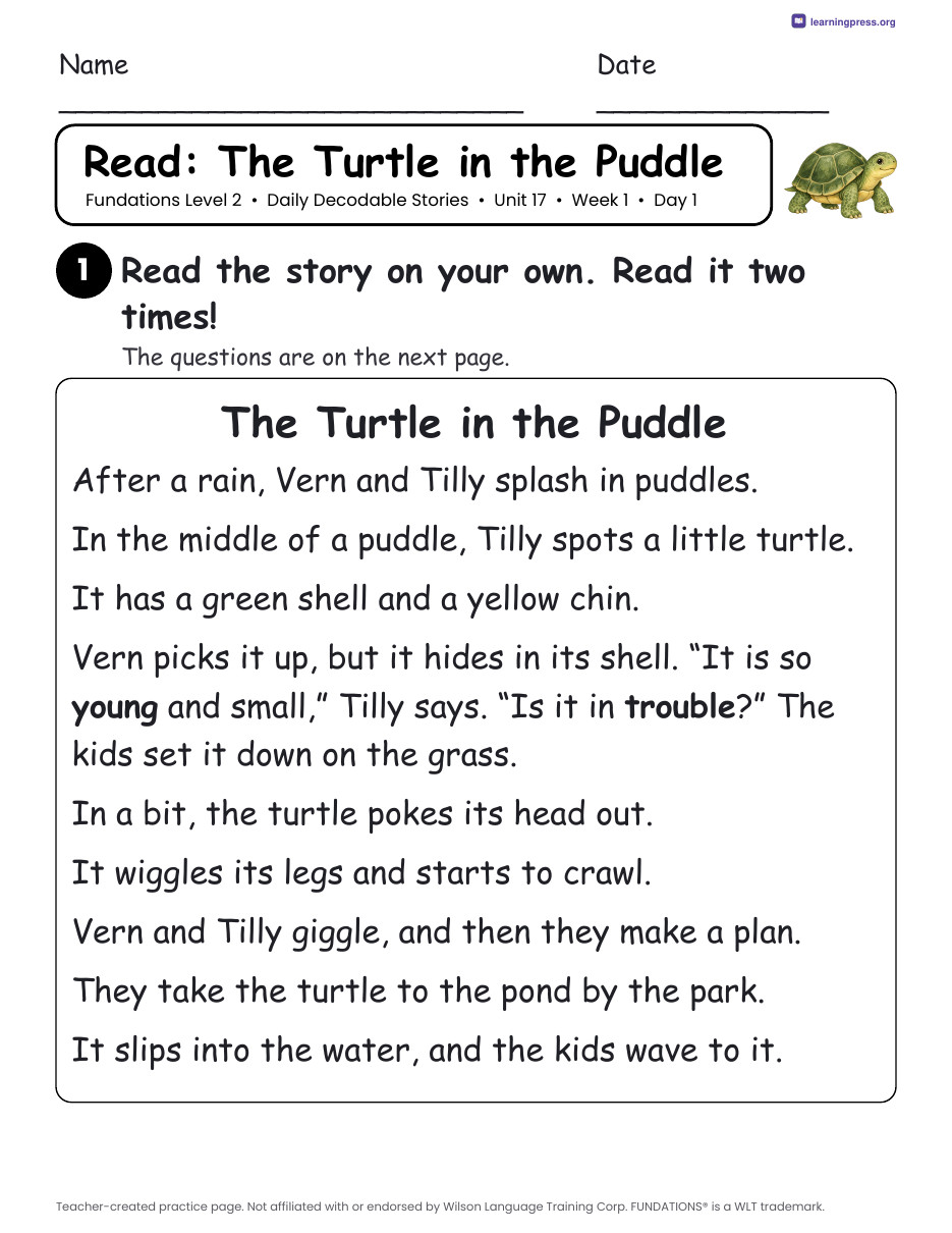 Preview page 1 of Fundations Level 2 Unit 17 Daily Decodable Stories