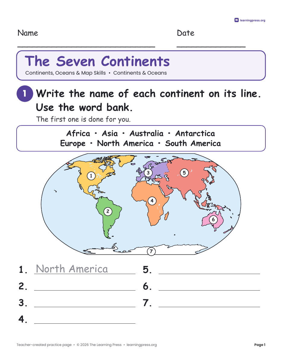Preview page 1 of Continents & Oceans Map Skills Worksheets