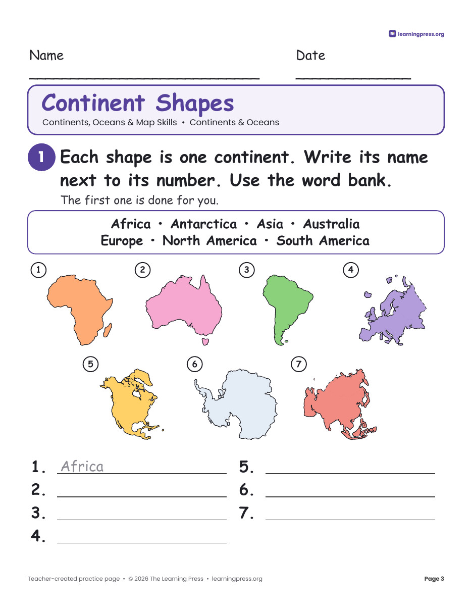 Preview page 2 of Continents & Oceans Map Skills Worksheets