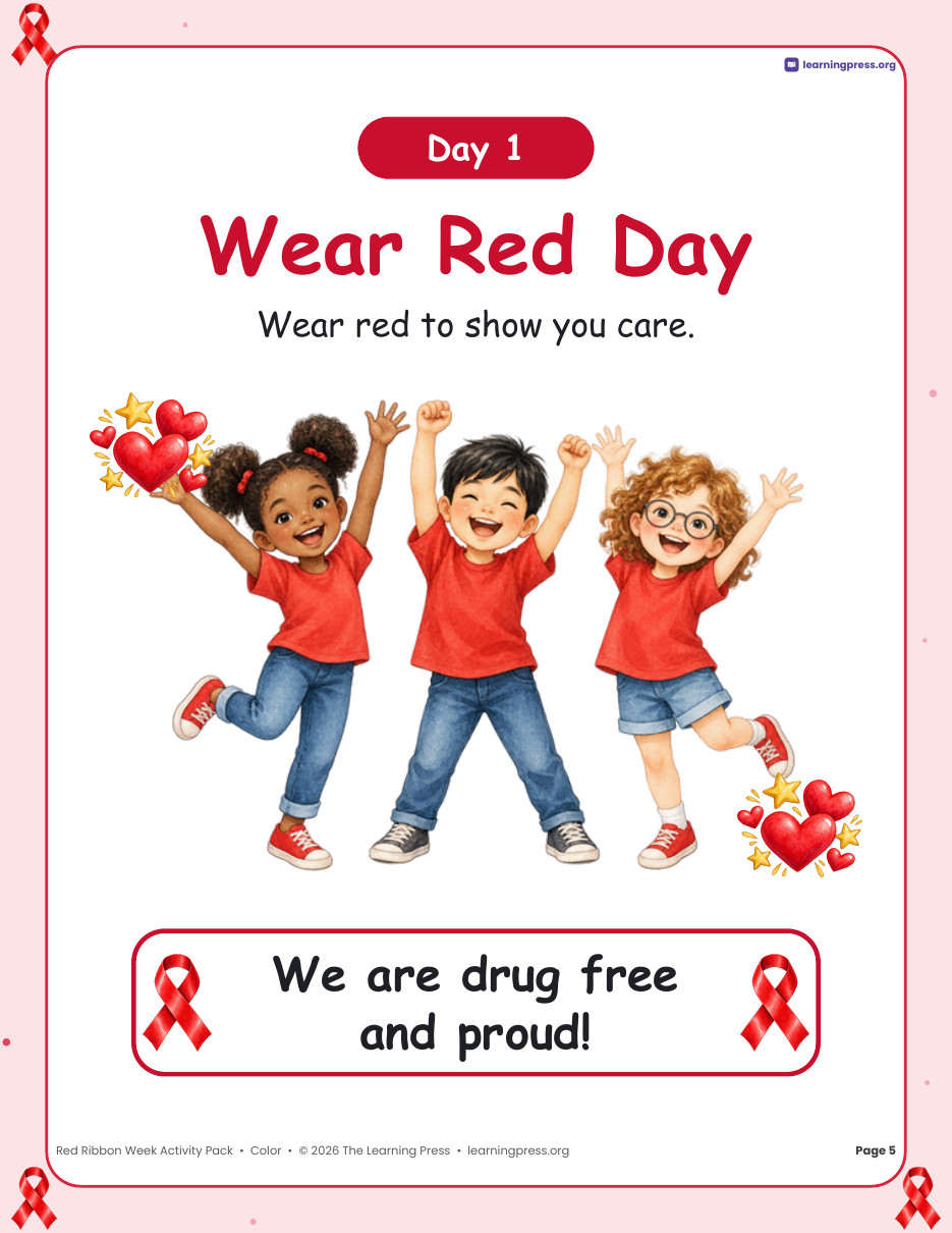 Preview page 1 of Red Ribbon Week Activity Pack · Spirit Week Posters, Pledge, Writing & Puzzles