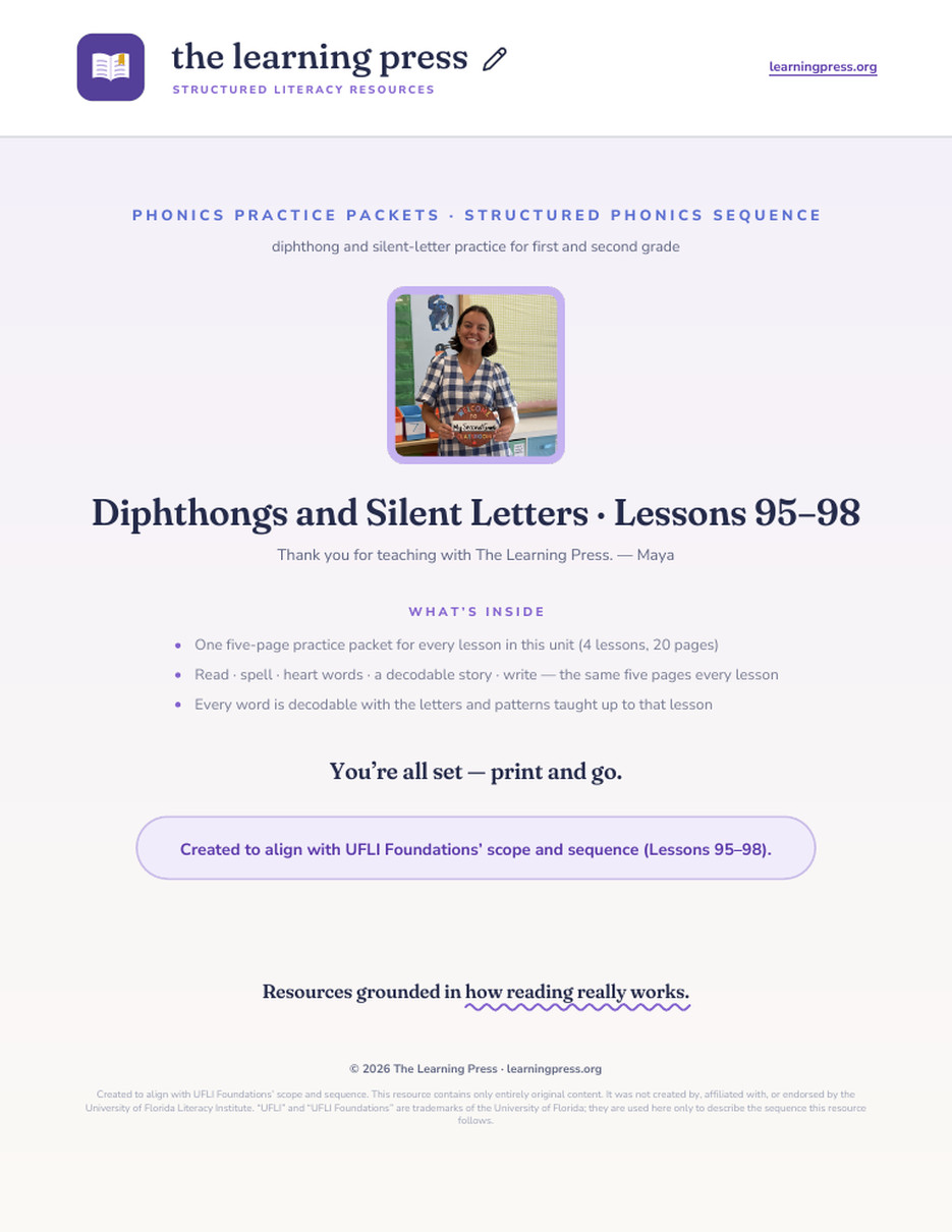 Preview page 1 of Diphthongs and Silent Letters Unit Bundle · Lessons 95–98