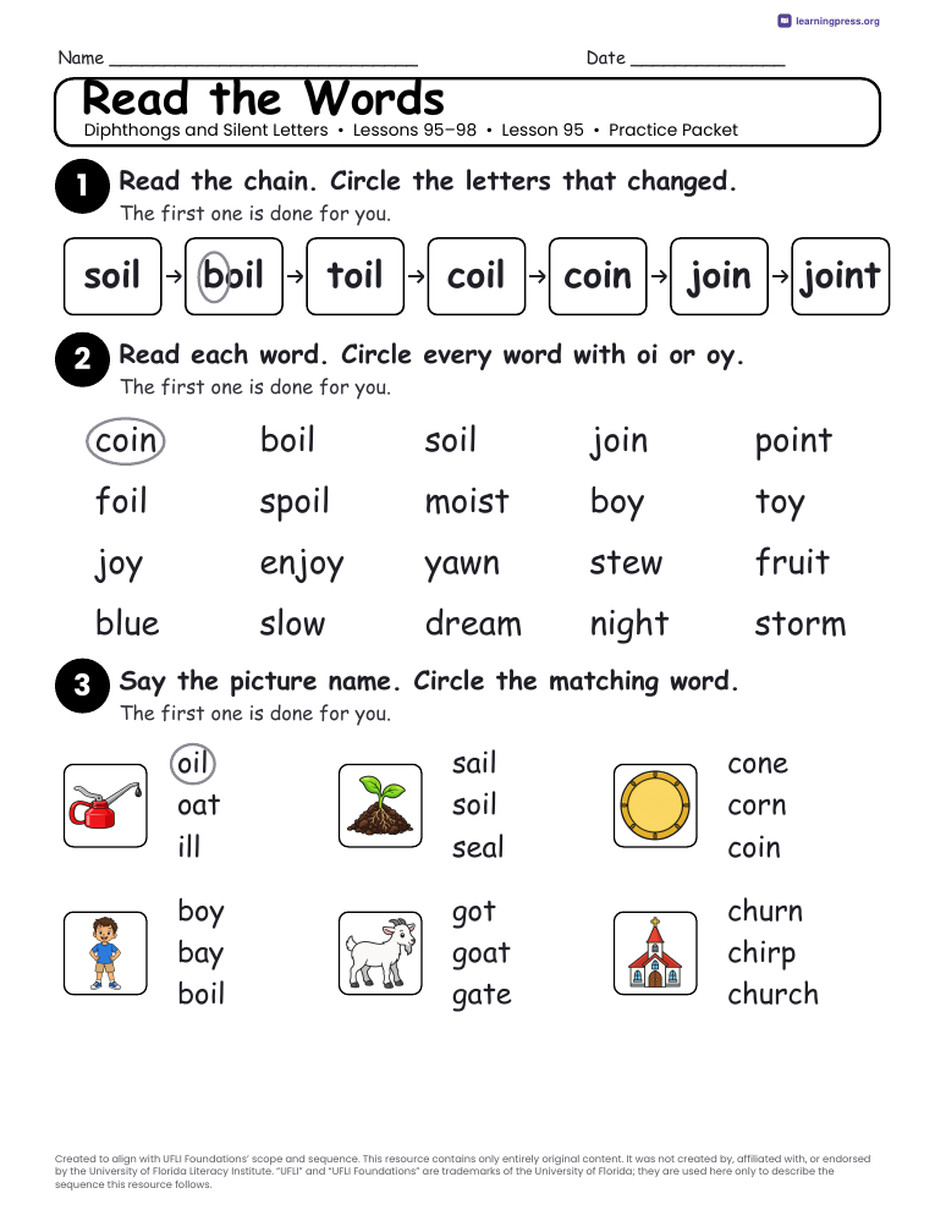 Preview page 2 of Diphthongs and Silent Letters Unit Bundle · Lessons 95–98