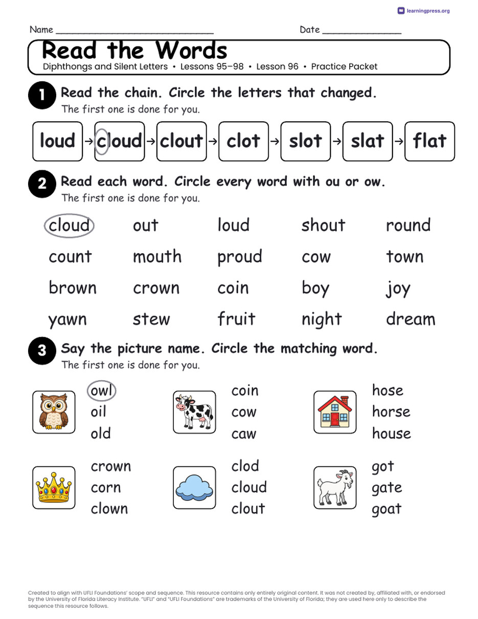 Preview page 4 of Diphthongs and Silent Letters Unit Bundle · Lessons 95–98