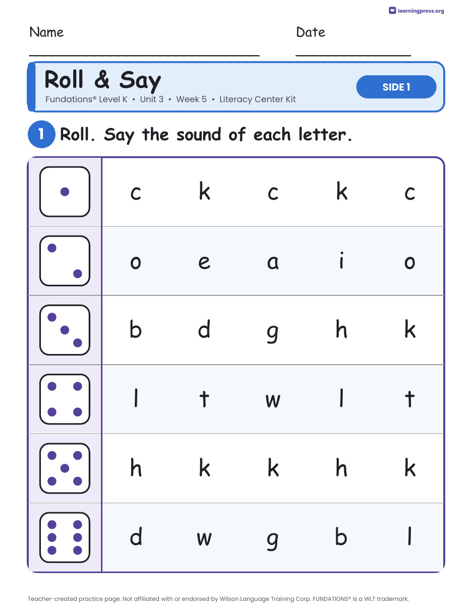 Preview page 1 of Fundations Level K Unit 3 Week 5 Literacy Center Kit