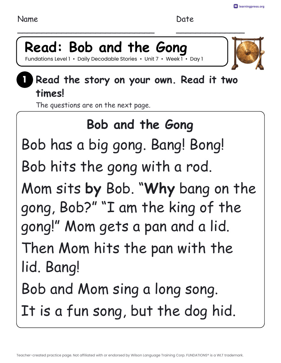Preview page 1 of Fundations Level 1 Unit 7 Daily Decodable Stories