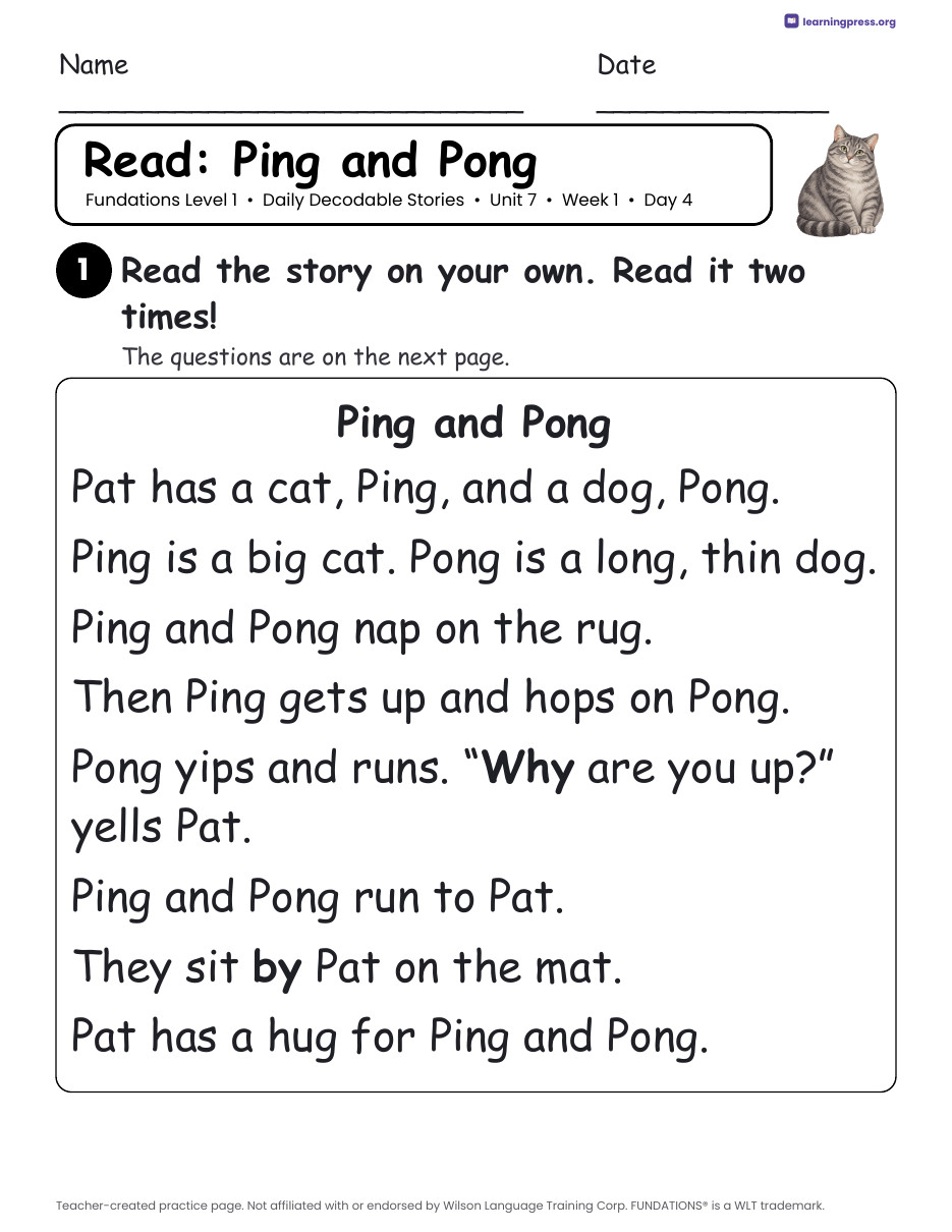 Preview page 2 of Fundations Level 1 Unit 7 Daily Decodable Stories