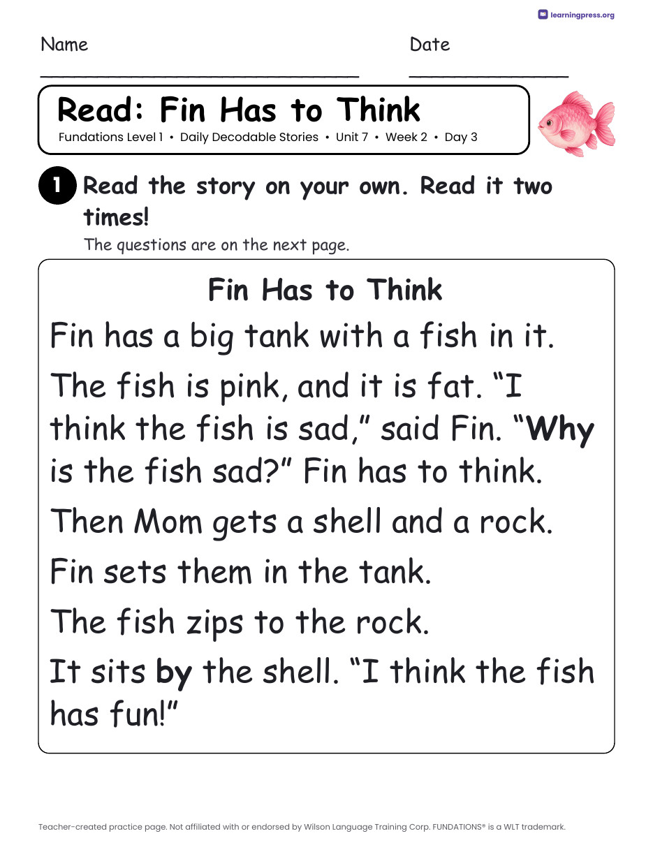 Preview page 3 of Fundations Level 1 Unit 7 Daily Decodable Stories