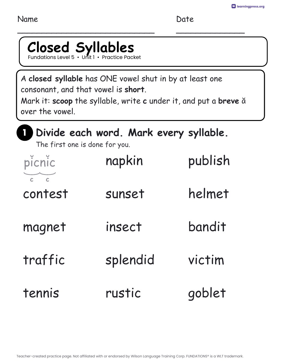 Preview page 1 of Fundations Level 5 Unit 1 Practice Packet