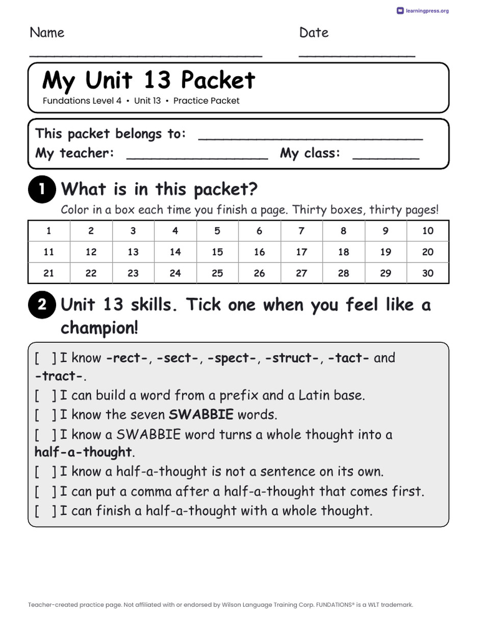 Preview page 1 of Fundations Level 4 Unit 13 Practice Packet