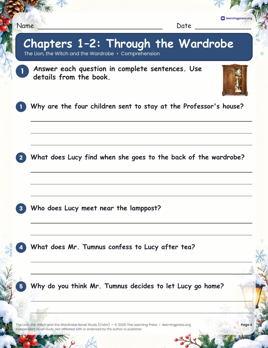 Preview page 1 of The Lion, the Witch and the Wardrobe Novel Study · Questions & Activities