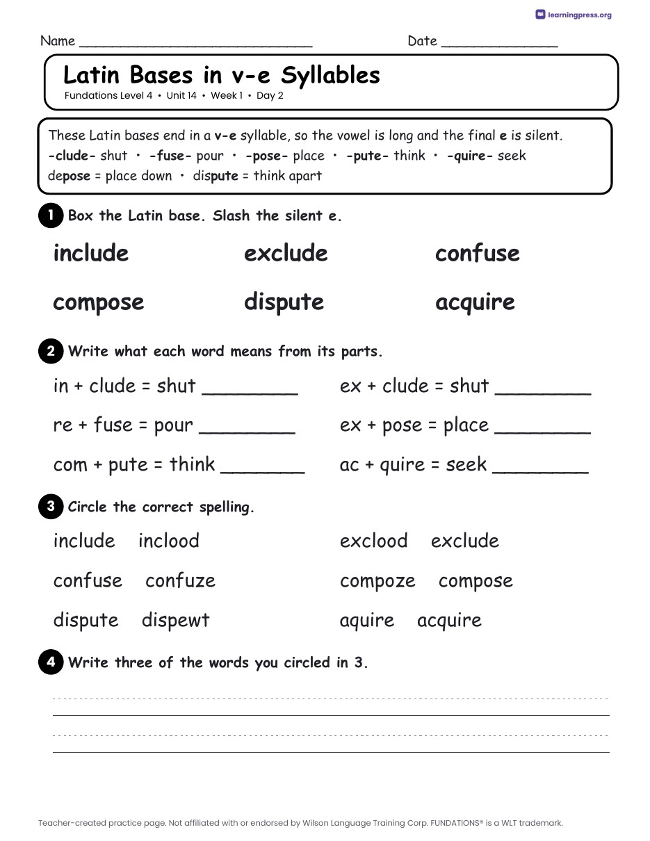 Preview page 1 of Fundations Level 4 Unit 14 Daily Lesson Work Pages