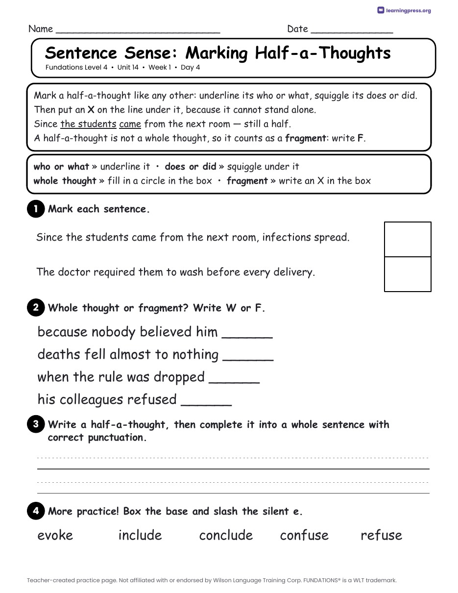 Preview page 2 of Fundations Level 4 Unit 14 Daily Lesson Work Pages