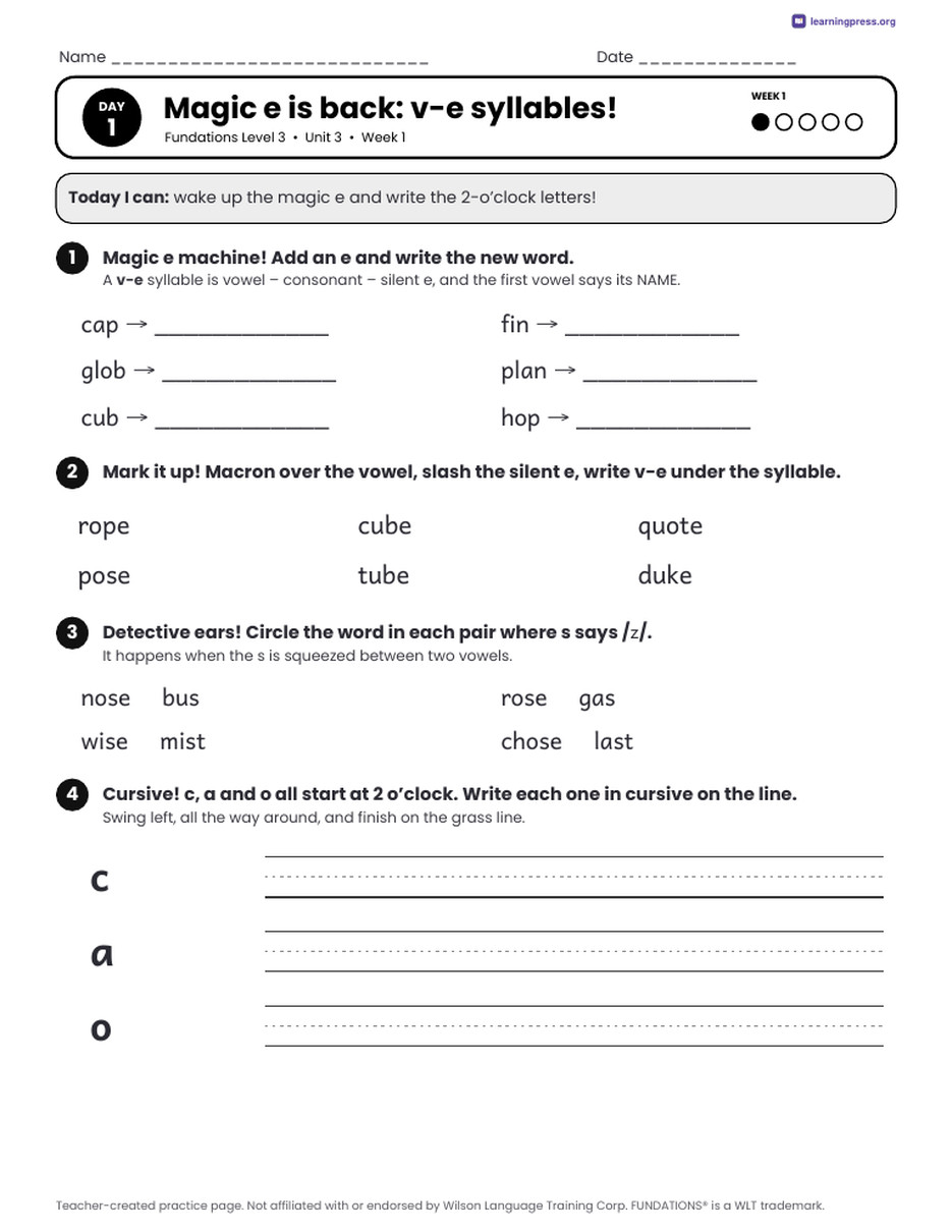 Preview page 1 of Fundations Level 3 Unit 3 Daily Lesson Work Pages