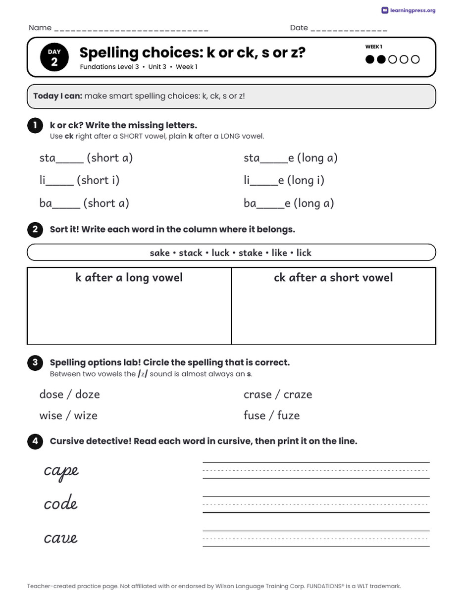 Preview page 2 of Fundations Level 3 Unit 3 Daily Lesson Work Pages