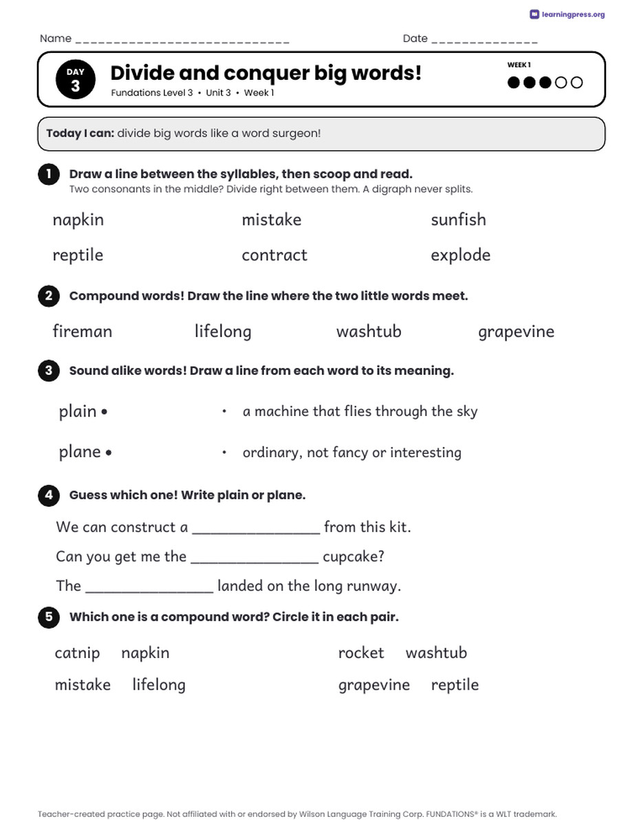 Preview page 3 of Fundations Level 3 Unit 3 Daily Lesson Work Pages