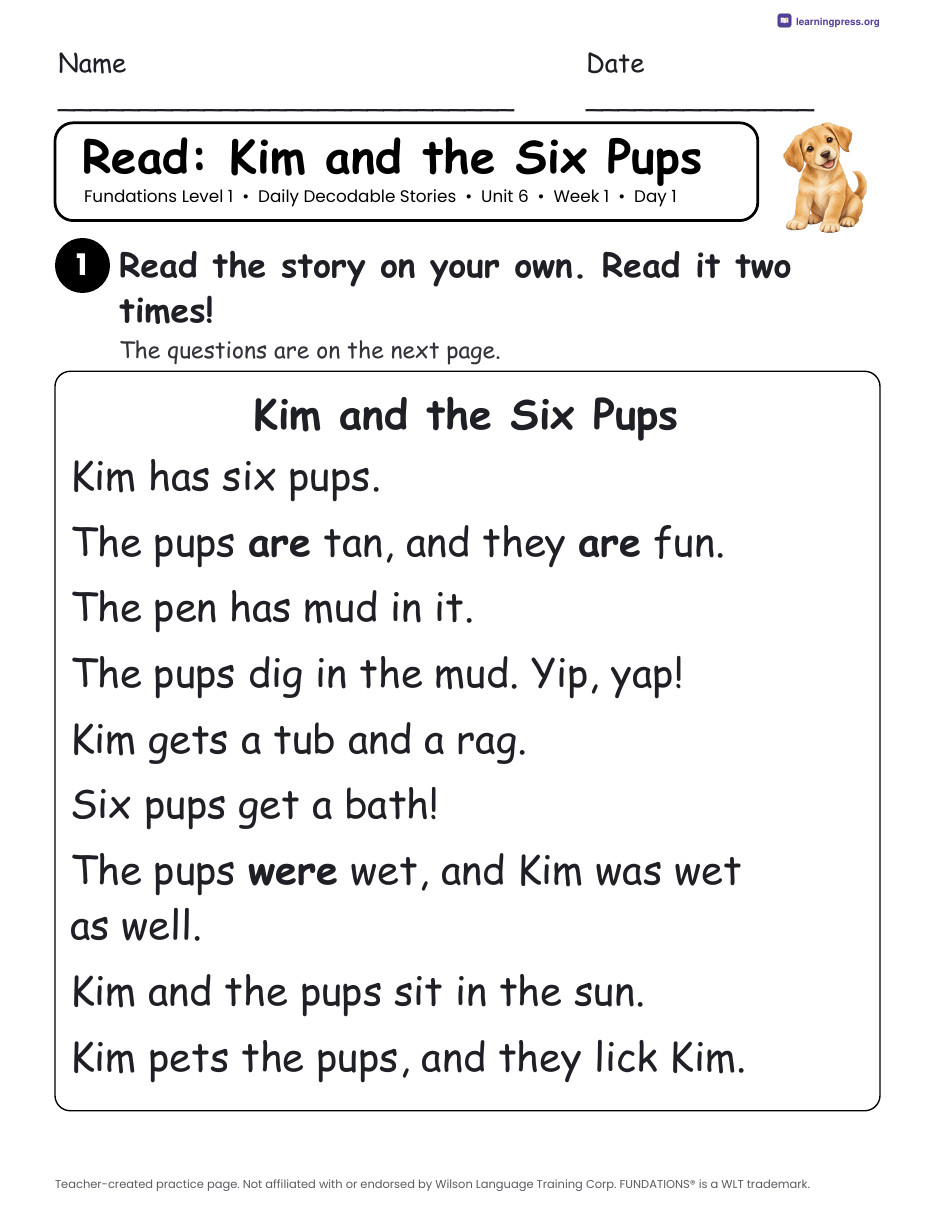 Preview page 1 of Fundations Level 1 Unit 6 Daily Decodable Stories