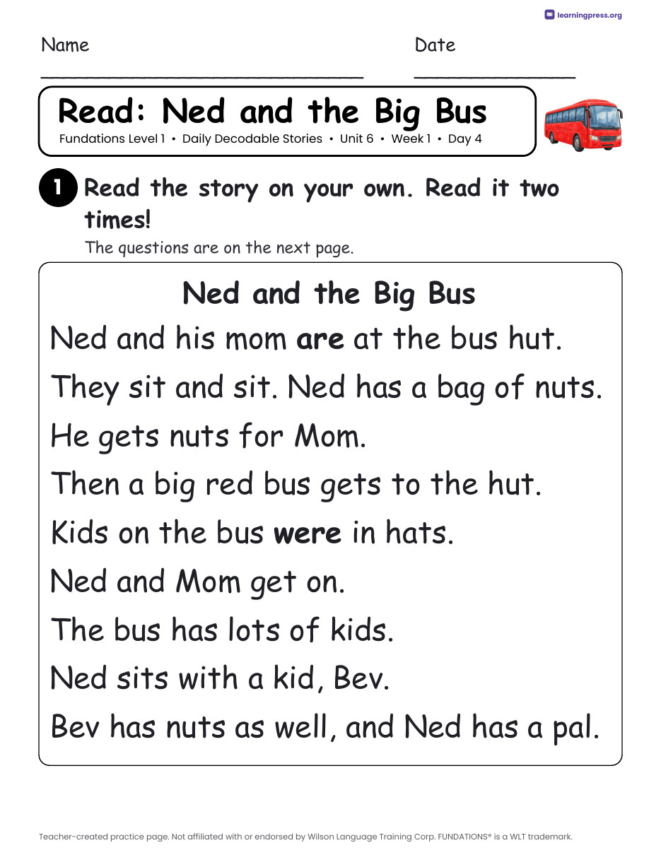Preview page 2 of Fundations Level 1 Unit 6 Daily Decodable Stories