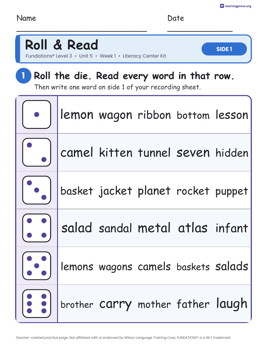 Preview page 1 of Fundations Level 3 Unit 5 Week 1 Literacy Center Kit