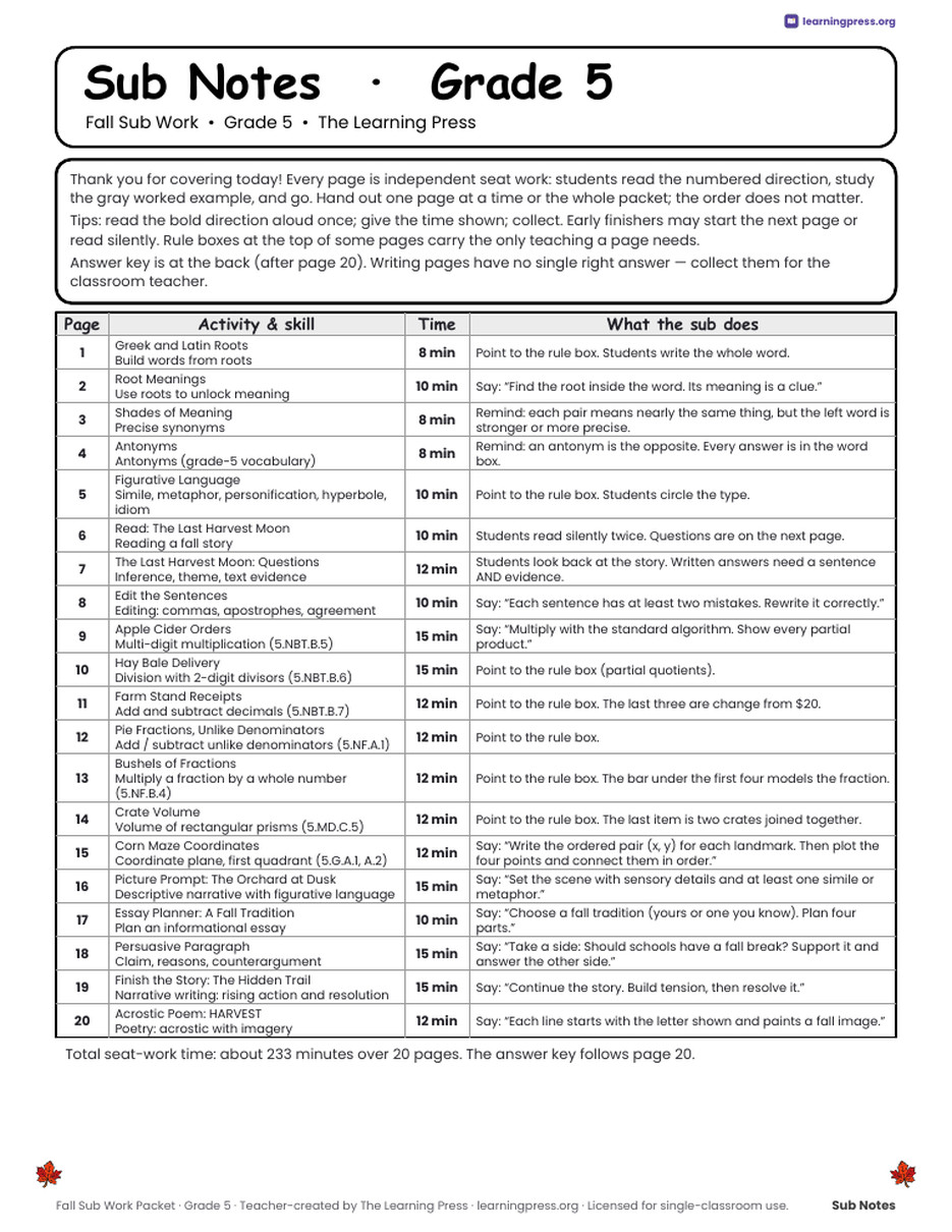 Preview page 2 of Fall Sub Work Packet · Grade 5