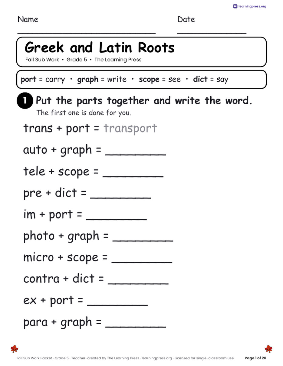 Preview page 3 of Fall Sub Work Packet · Grade 5