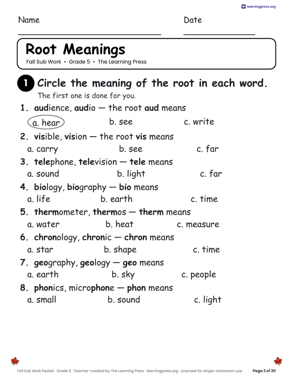 Preview page 4 of Fall Sub Work Packet · Grade 5