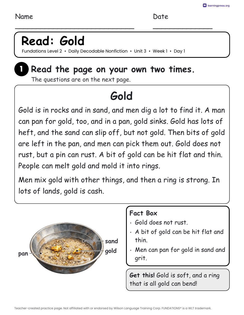 Preview page 1 of Fundations-Aligned Daily Decodable Nonfiction · Level 2 Unit 3