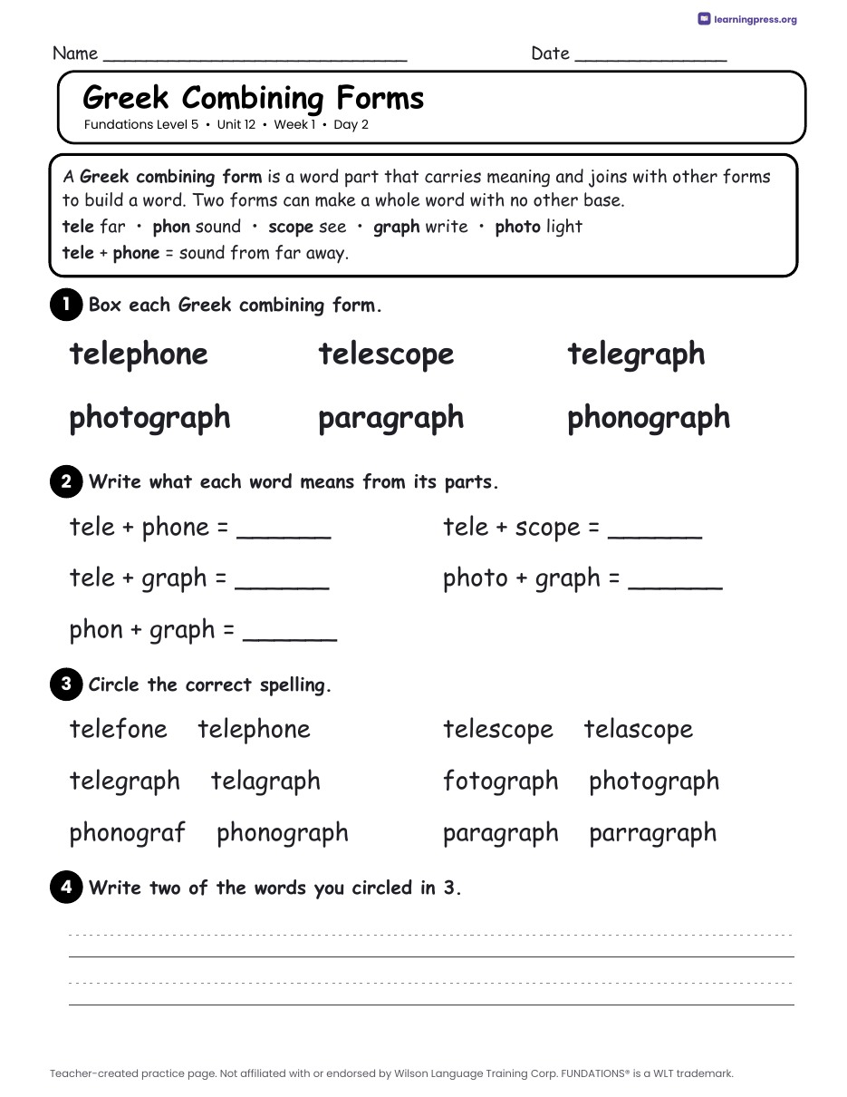 Preview page 1 of Fundations Level 5 Unit 12 Daily Lesson Work Pages