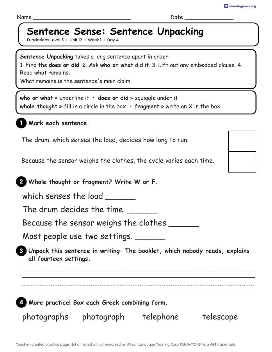 Preview page 2 of Fundations Level 5 Unit 12 Daily Lesson Work Pages