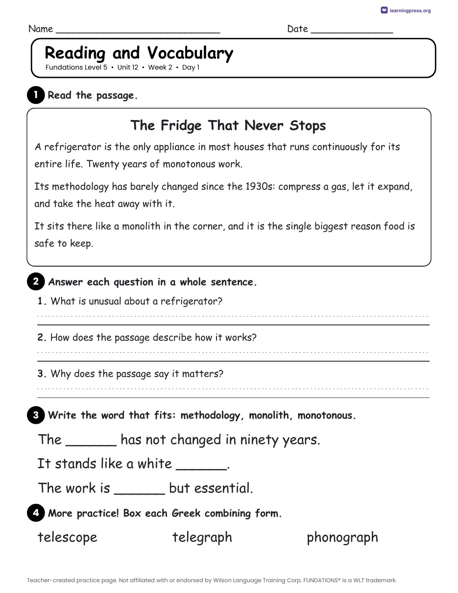 Preview page 3 of Fundations Level 5 Unit 12 Daily Lesson Work Pages