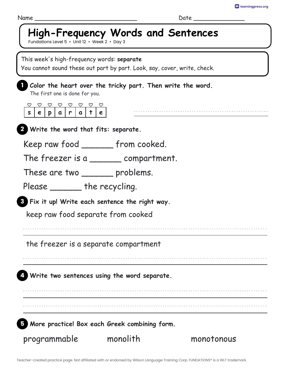 Preview page 4 of Fundations Level 5 Unit 12 Daily Lesson Work Pages