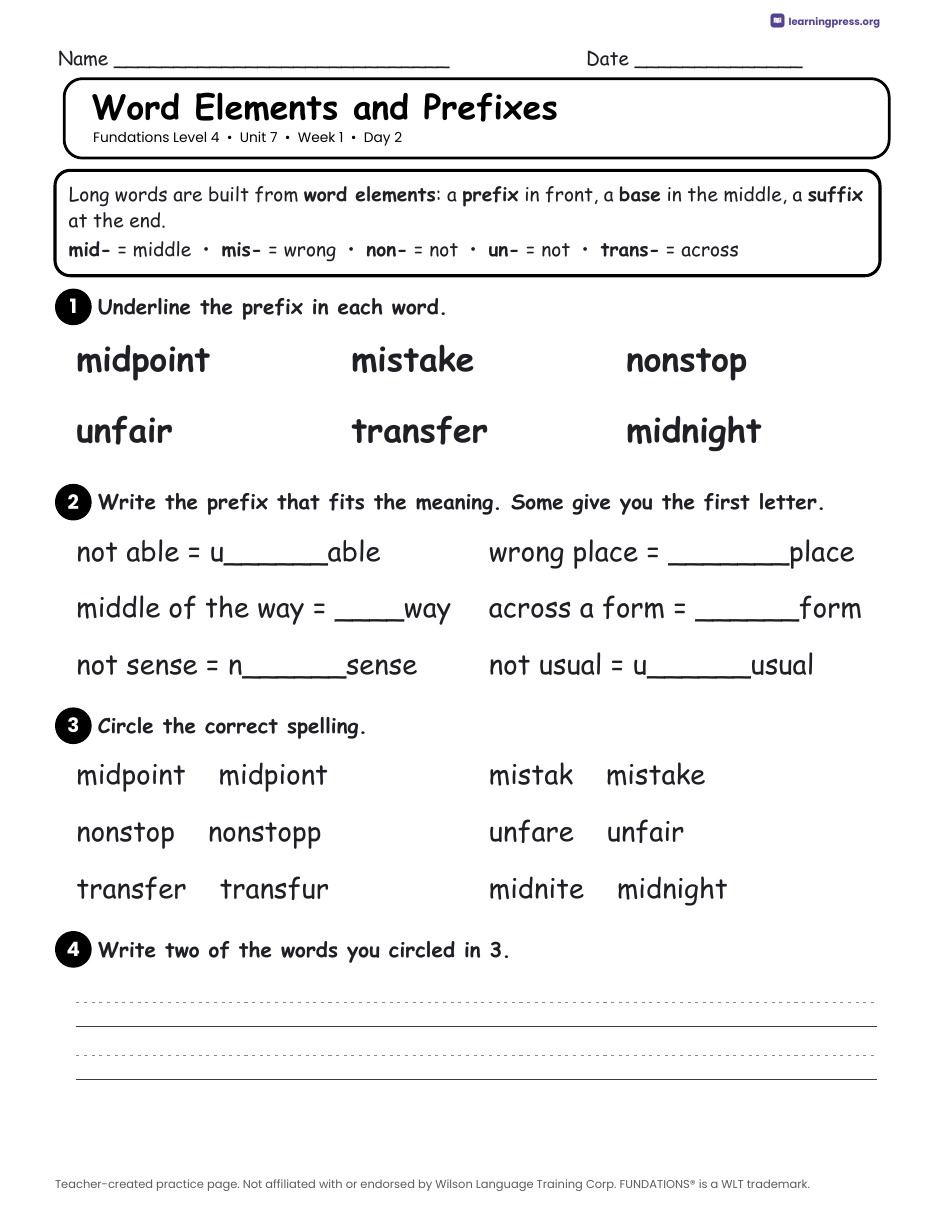Preview page 1 of Fundations Level 4 Unit 7 Daily Lesson Work Pages