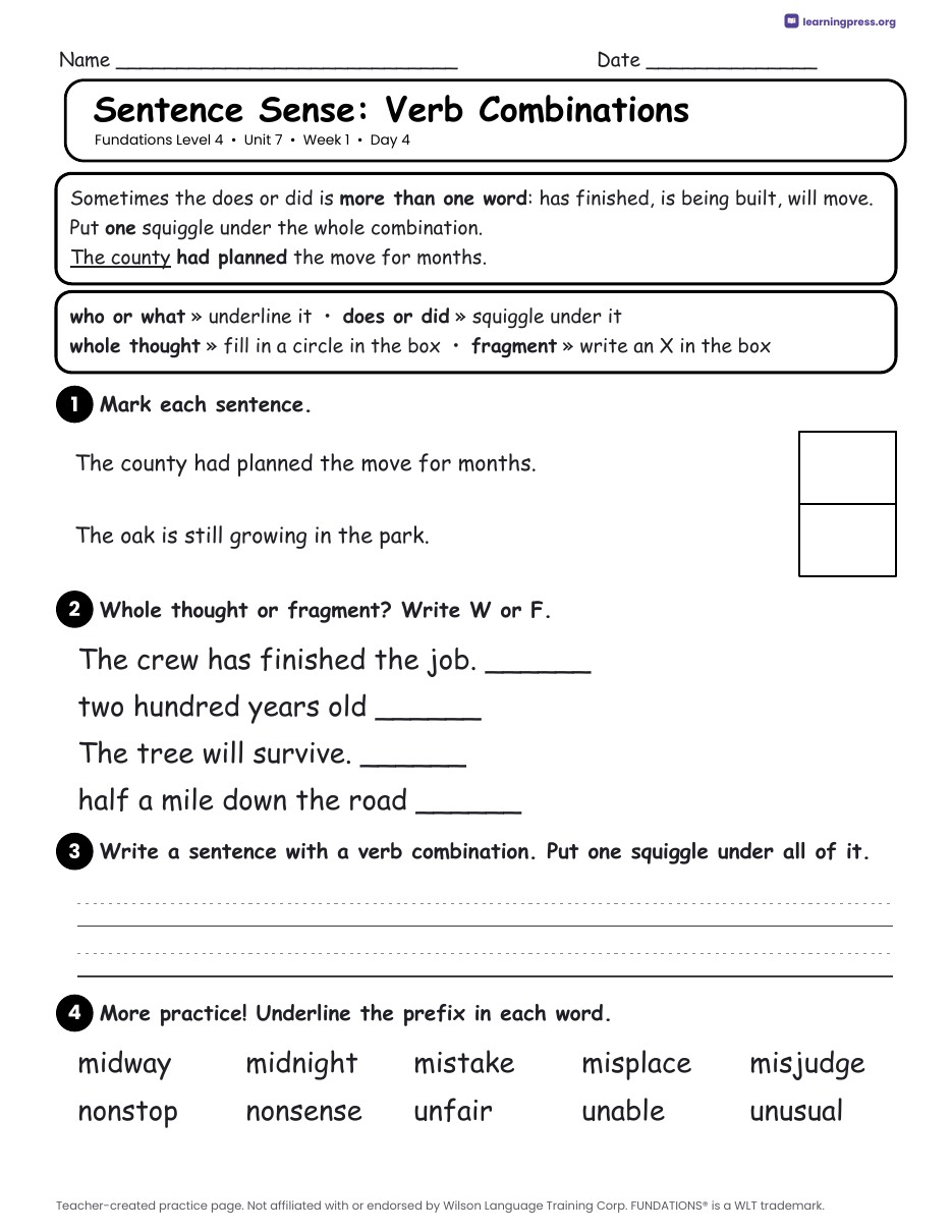 Preview page 2 of Fundations Level 4 Unit 7 Daily Lesson Work Pages