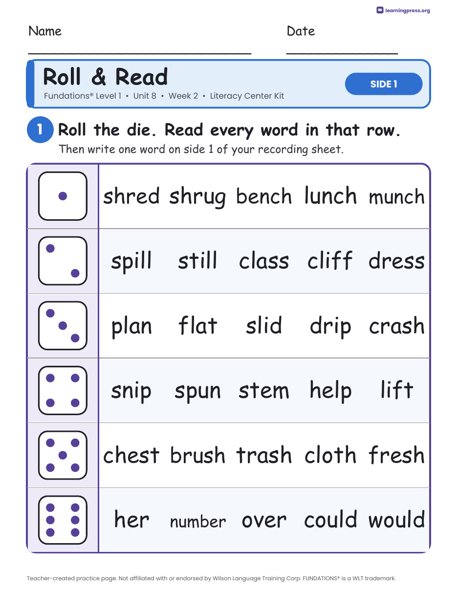 Preview page 1 of Fundations Level 1 Unit 8 Week 2 Literacy Center Kit